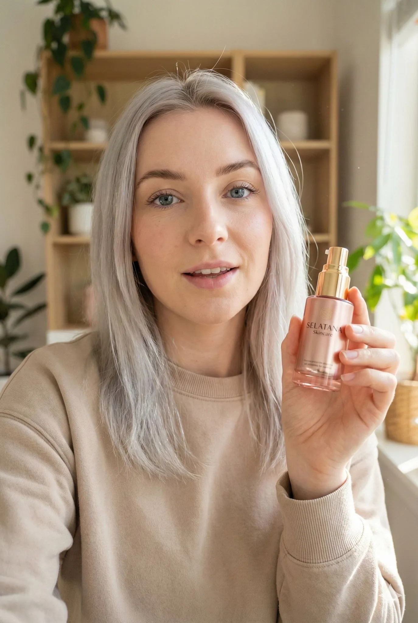 자연광 아래 모델과 스킨케어 제품을 함께 연출한 사진